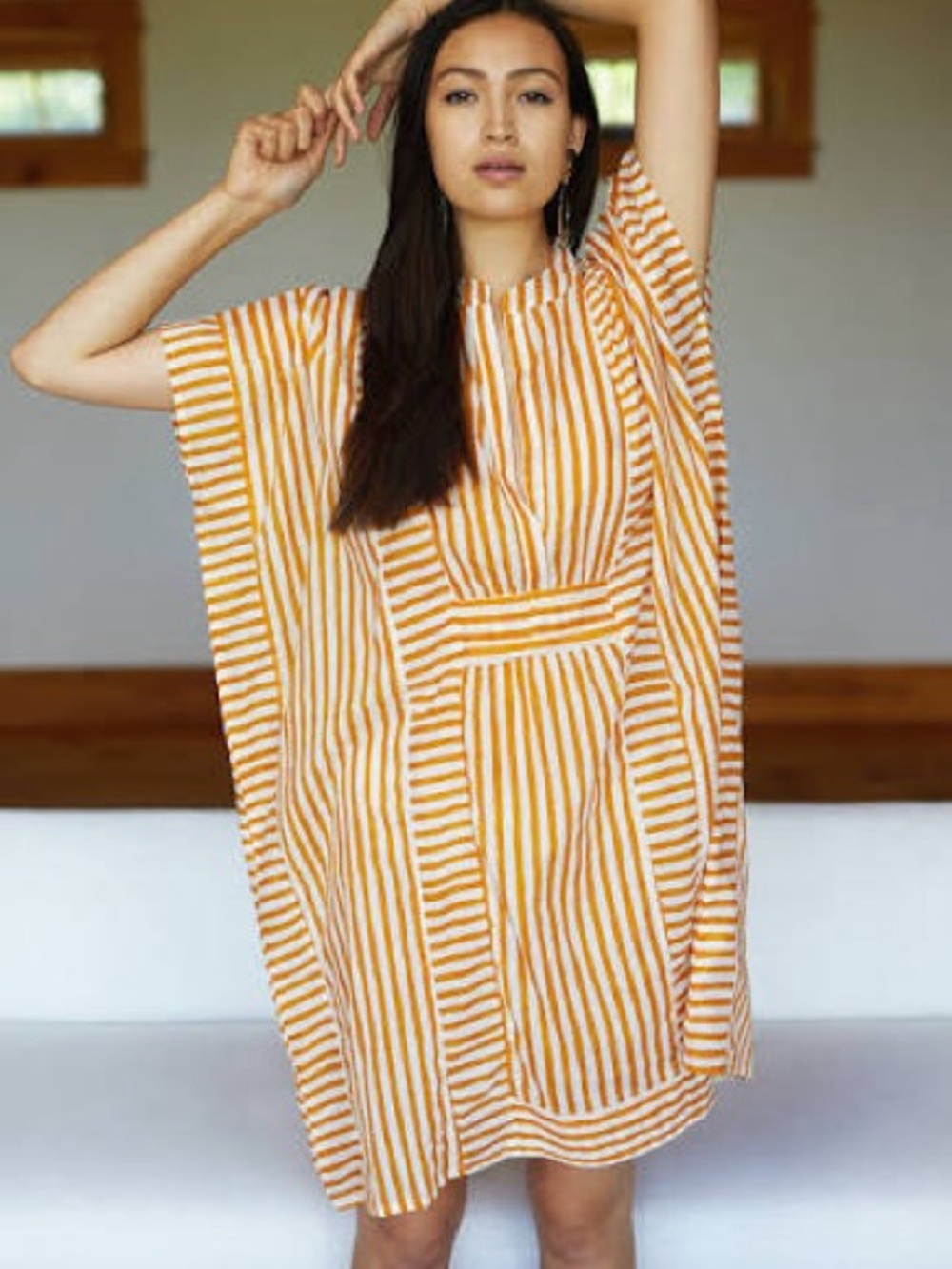 Emerson Fry Caftan Marigold Stripe OS S M L Organic Cotton Block Print Dyed - Picture 2 of 8